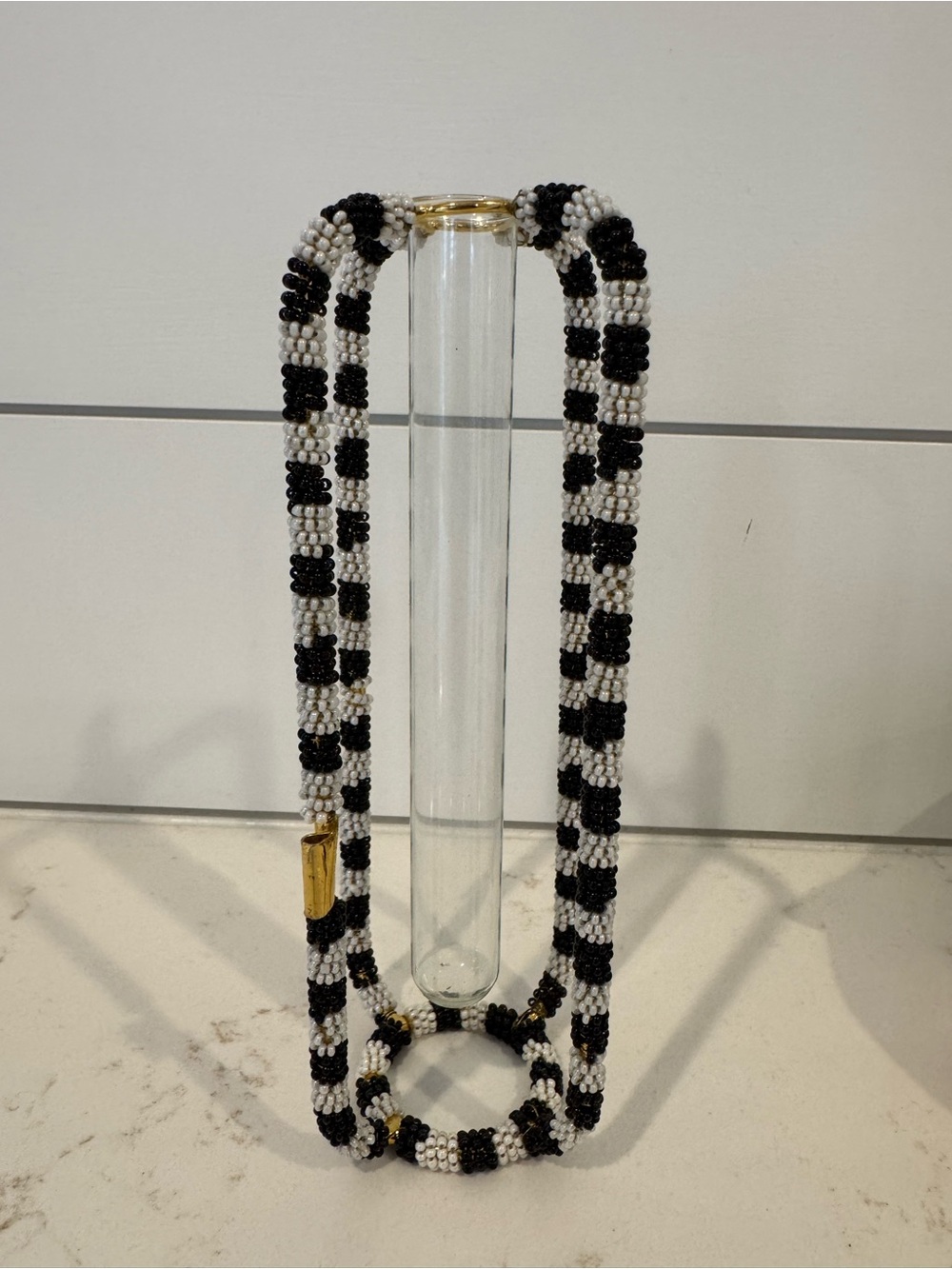 MacKenzie-Childs Black & White Beaded Bud Vase Gold Rim Glass Insert